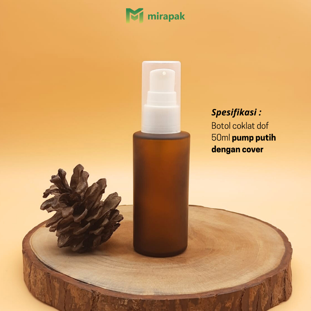 BOTOL PUMP LOTION 50ML COKLAT DOF FROSTED BAHU DATAR KACA TEBAL - TUTUP PUMP PUTIH FULL COVER BENING