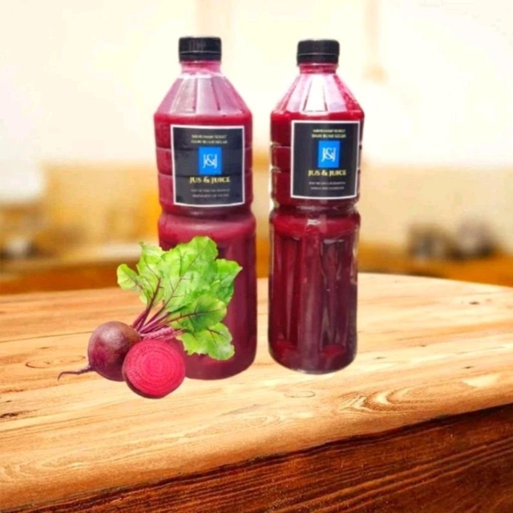 Jus bit 1 liter j&j jus buah bit/ jus tambah darah jus buah hati alami buah segar bit segar tanpa es