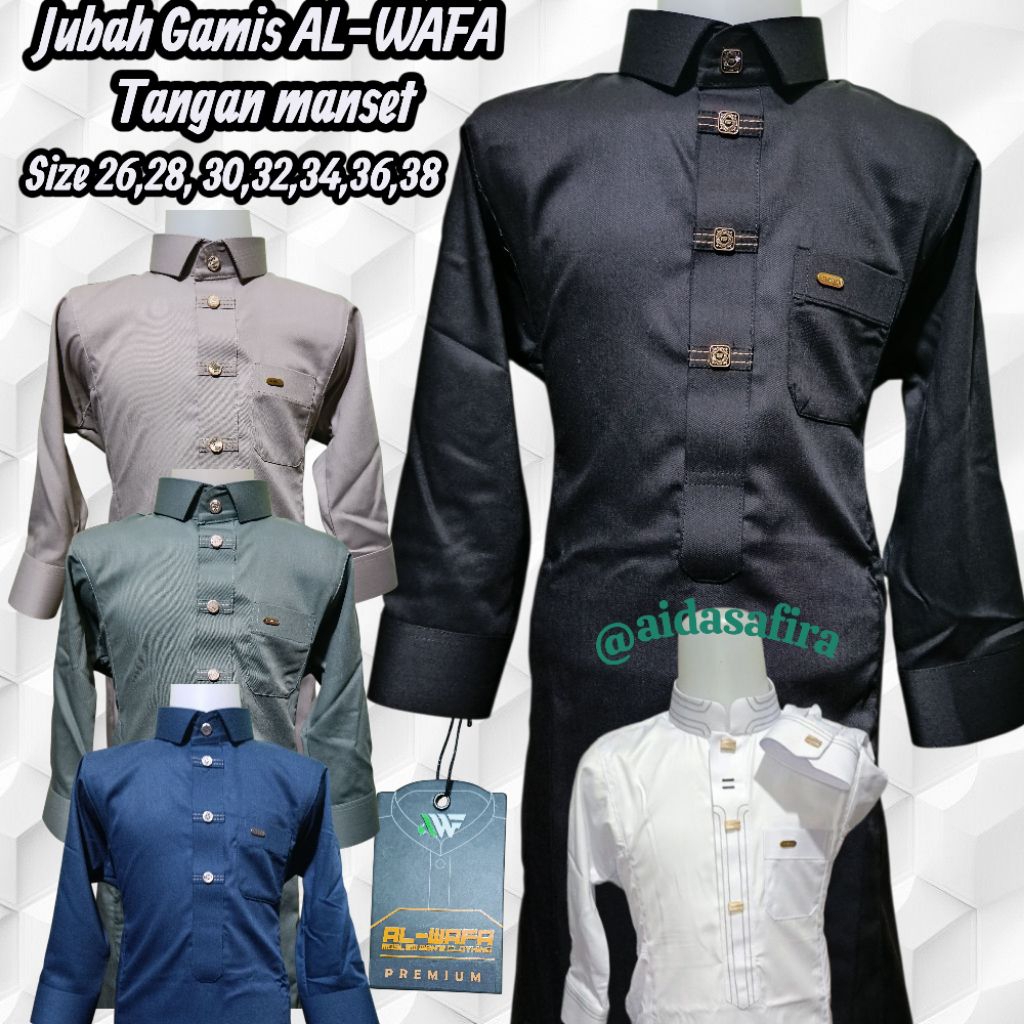 (AL-WAFA) JUBAH GAMIS PUTIH ANAK TANGAN MANSET SATIN KOREA EMBOSS UKURAN 26 28 30 32 34 36 38/GAMIS 