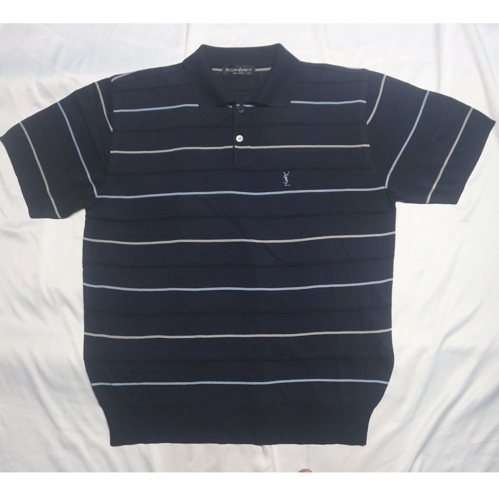YSL YVEST SAINT LAURENT Polo Shirt Stripe Salur Navy Like New Adem Tipis sedikit Nerawang Kerah Pend
