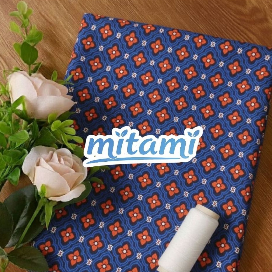 Kain Moscrepe Premium Motif Bunga Orange Biru Navy / Bahan Gamis Dress Kemeja Adem Lebar 1.5M (Harga