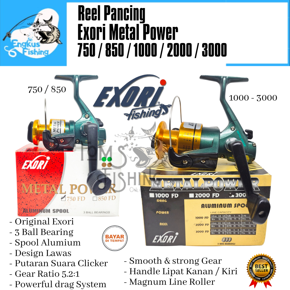 Reel Pancing EXORI METAL POWER 750 - 3000 Almunium Spool (3 Bearing) Design Lawas - Engkus Fishing