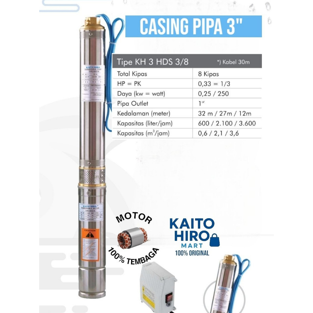 Pompa Submersible KAITO HIRO 0,33 HP 3 inch HDS Plus Kabel 30m dan Control Box Tipe KH3HDS3/8C30