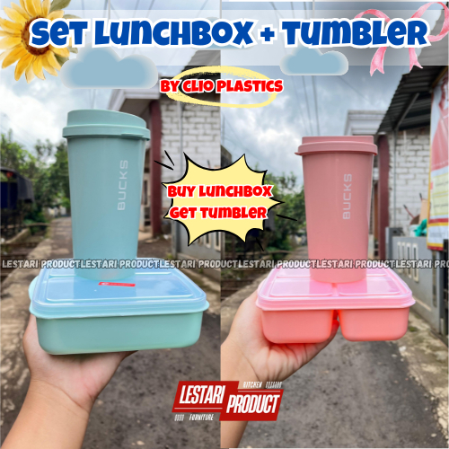 1 SET LUNCHBOX CLIO 3 SEKAT + TUMBLER BUCKS | LUNCHBOX PLASTIK 3 SEKAT | TUMBLER PLASTIK | BOTOL MIN