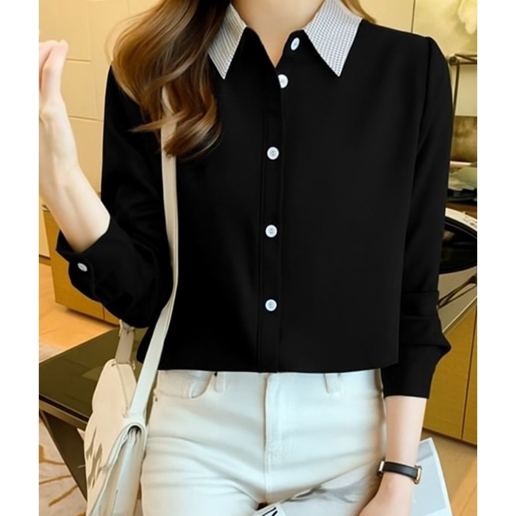 ATASAN WANITA KEKINIAN  LENGAN PANJANG KOMBINASI KOTAK