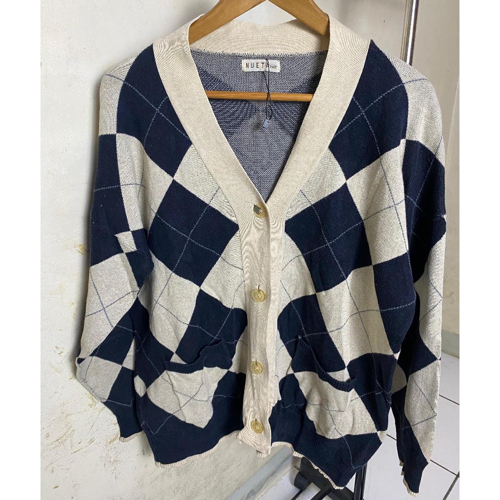 Preloved Cardigan Rajut Oversize Argyle Navy Cream by Nueta Outer Knit Casual Wanita Cardigan Murah