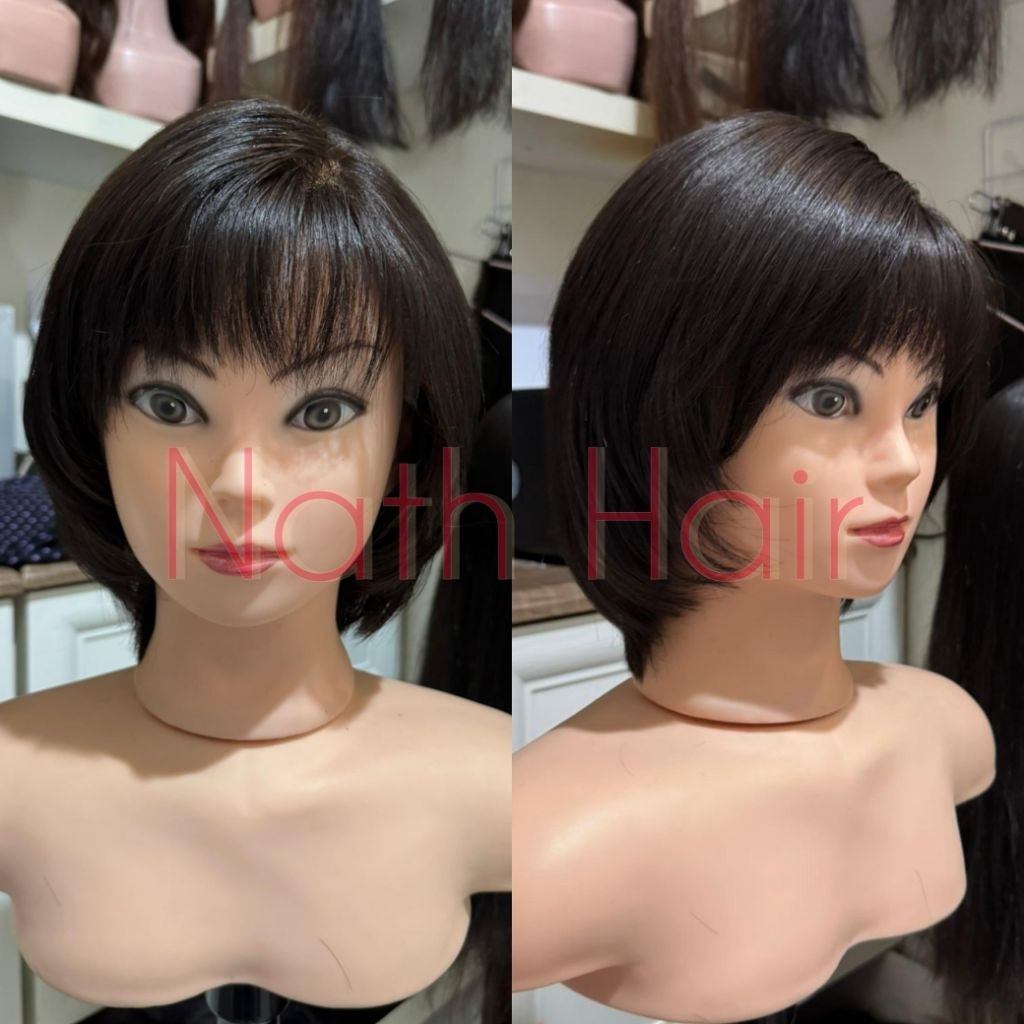 Wig premium bob pendek berponi 100% rambut asli bebas belahan ready hitam dan coklat