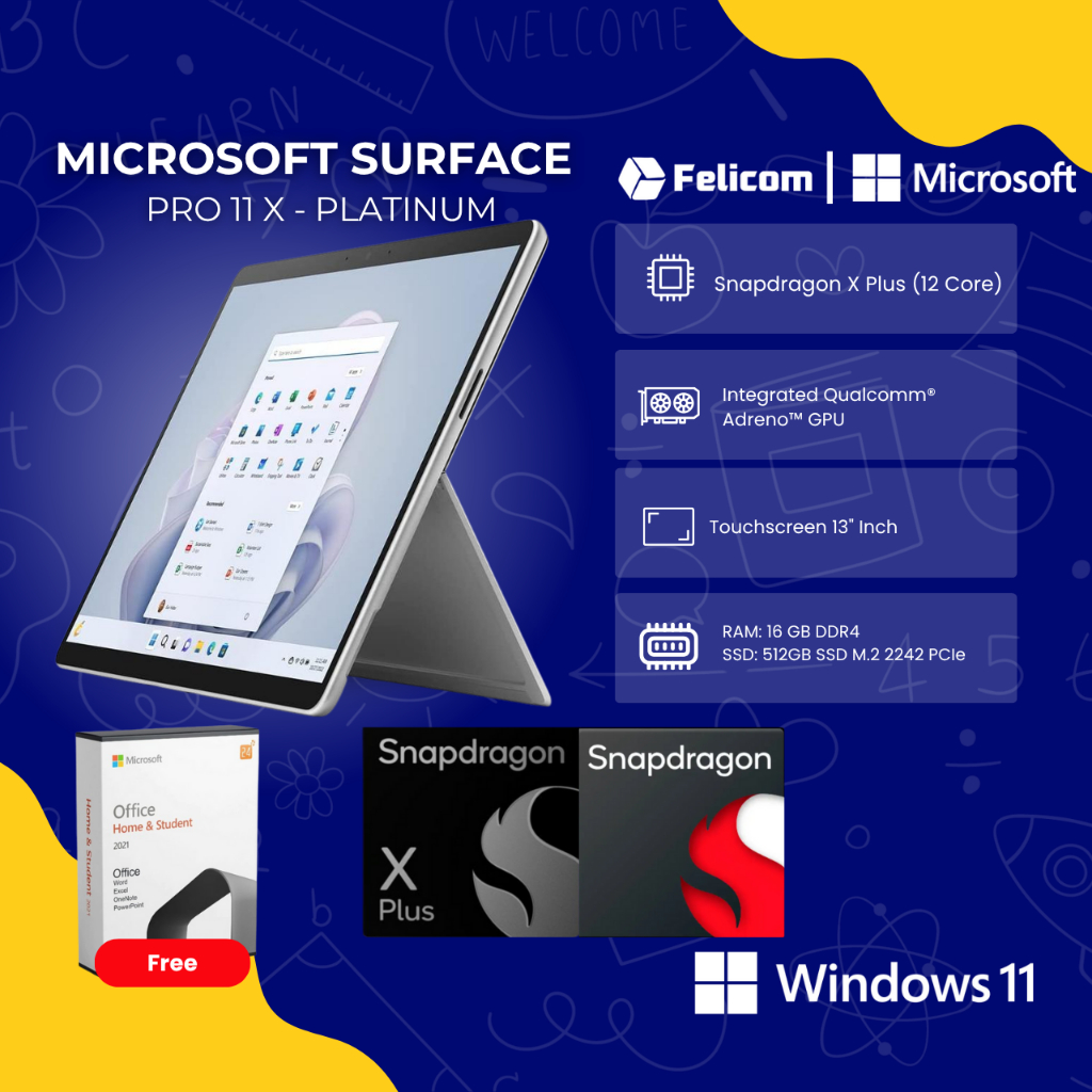 Microsoft Surface Pro 11 Tablet 2-in-1 13" Snapdragon X Plus/Elite RAM 16/32/64GB SSD 256/512/1TB Warna Platinum Black Sapphire Dune