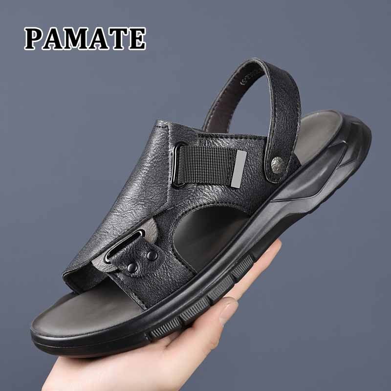 PAMATE Sepatu sandal pria dengan dasar tebal dan kulit asli, sepatu sandal untuk istirahat