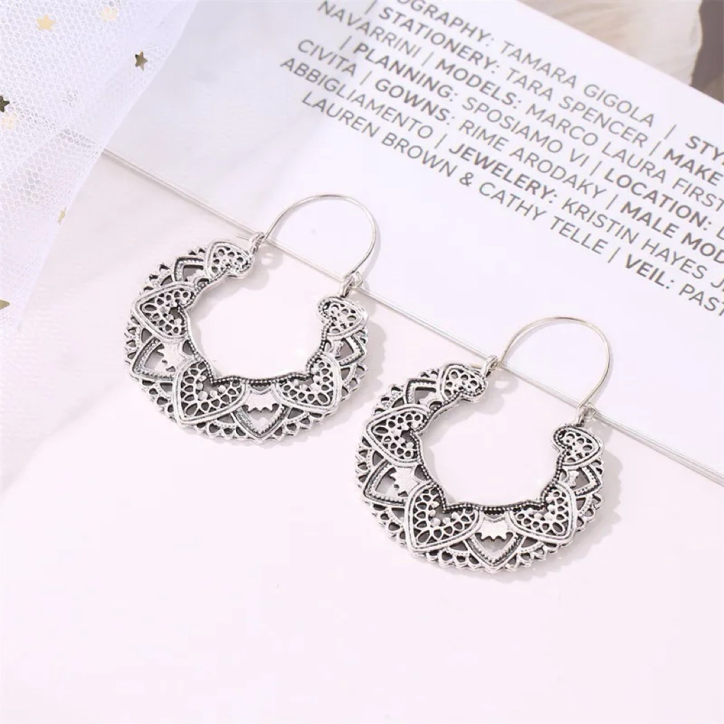 Anting Retro Bulat Hoop Flower Gold Silver Hollow Etnik India Bali Korea Old Vintage Style