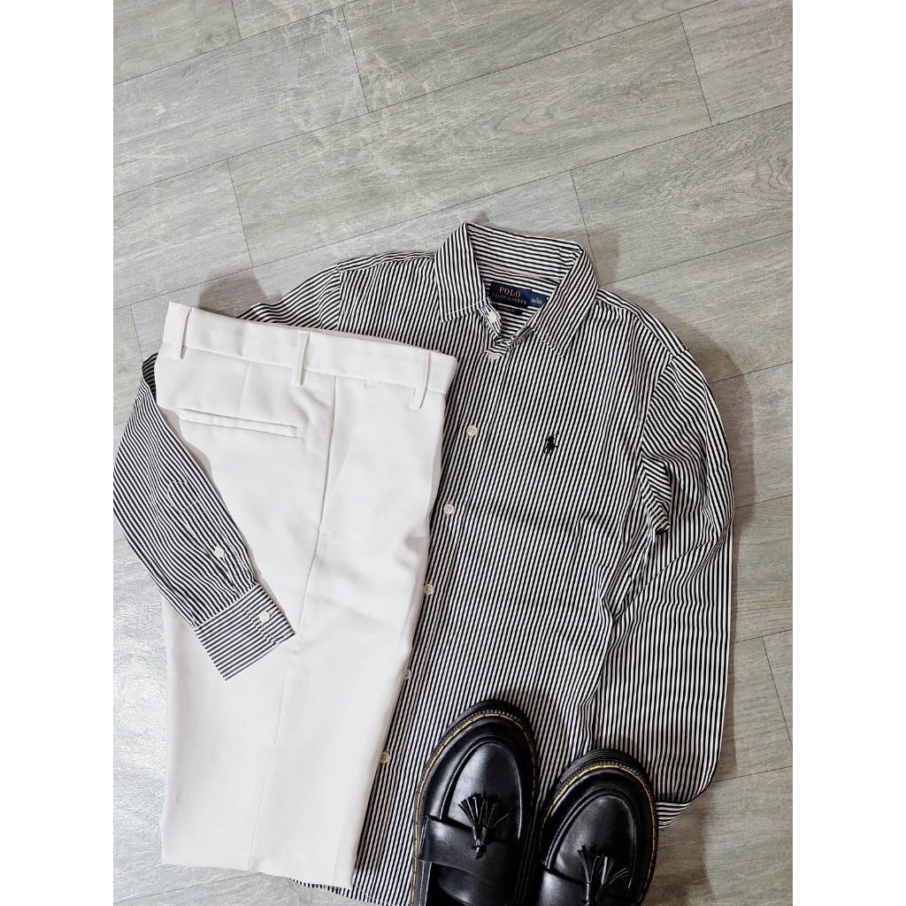 Kemeja Shirt Stripe Hitam Putih Polo Ralph Lauren Pria Wanita Cotton Second Original