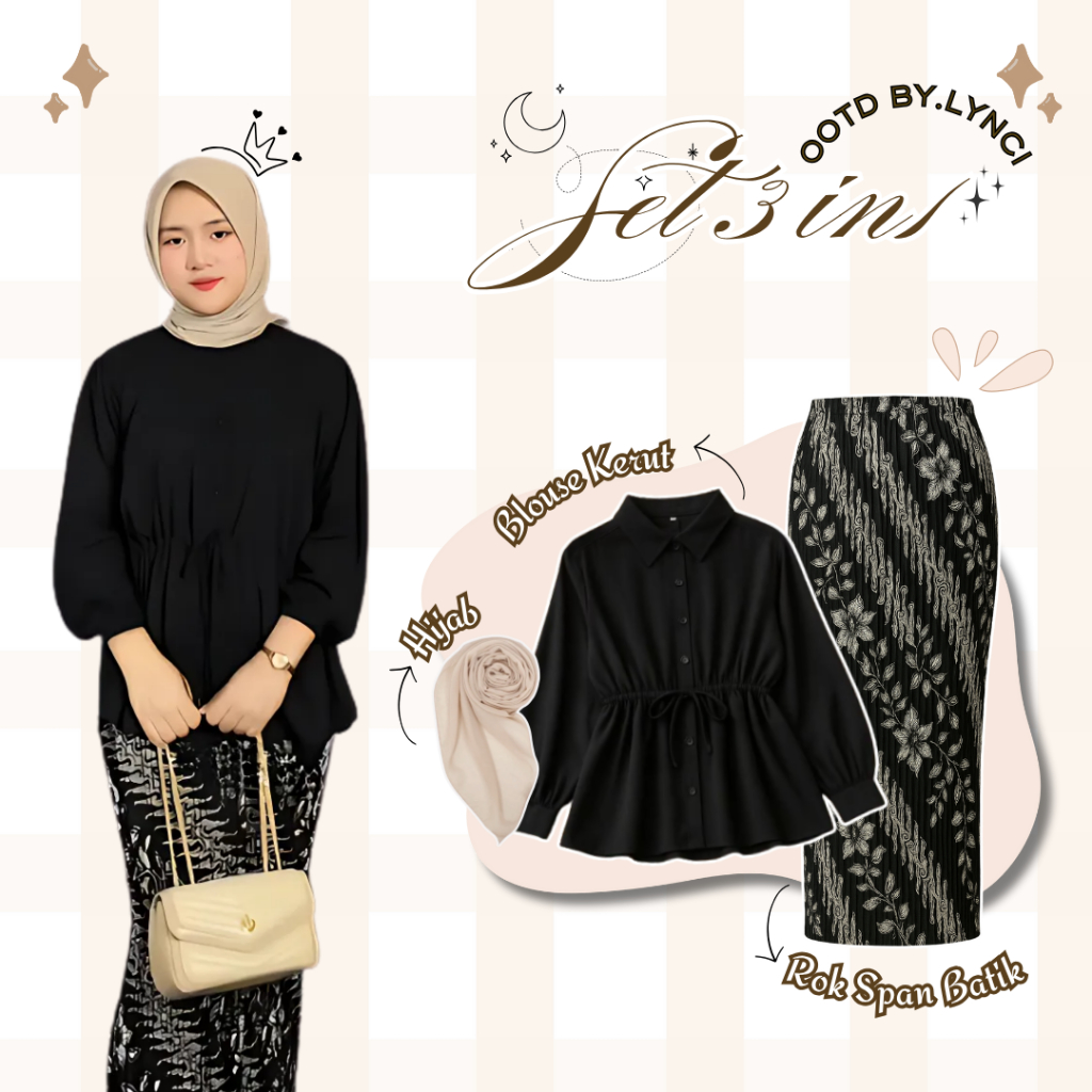 Set Outfit Kondangan One Set 3in1 ( Rok Batik Plisket + Blouse Serut Katun & Hijab Bella Square ) Oo