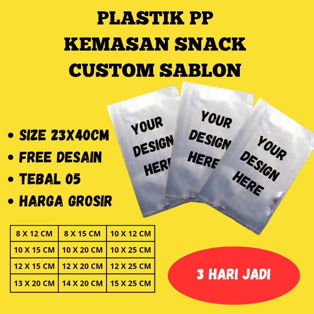 Plastik PP Sablon Custom 23x40 05 Custom Sablon Tebal 05 – 100pcs, Free Desain