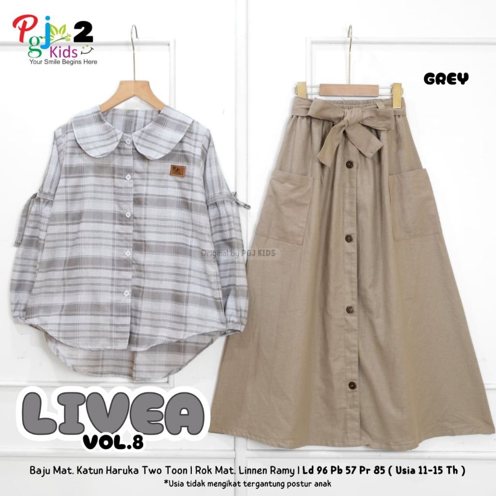 Livea Set Original PGJ Kids Livea PGJ Top Katun Haruka, Skirt Linnen Ramy Setelan Anak (Usia 11-15th