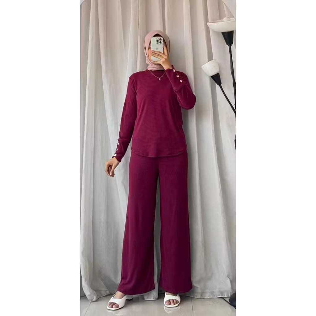 Zefanya Set Wanita LD 110 Bahan Rib Knitt Import - One Set Wanita Terbaru Variasi Lengan Kancing - S