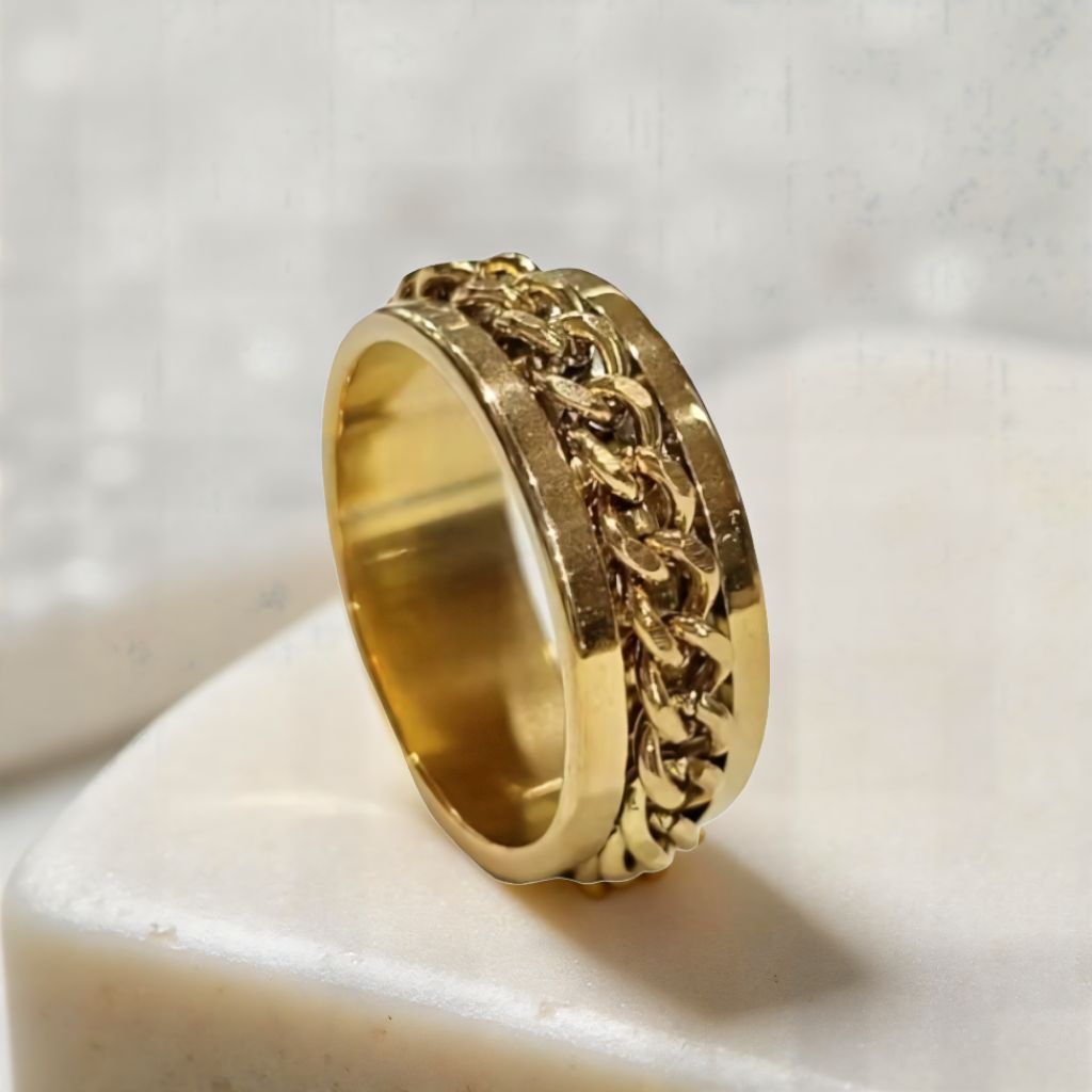 TERMURAH Cincin Pria&Wanita Motif Rantai Warna Emas Polos Bahan Titanium Anti Karat&Luntur