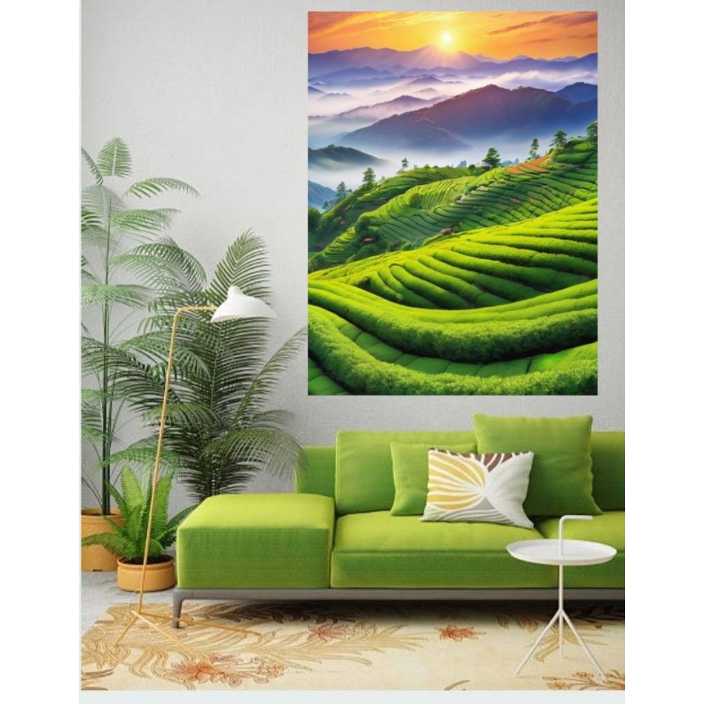 LUKISAN PEMANDANGAN TERASERING SAWAH, hiasan dinding, lukisan cetak, tanpa bingkai