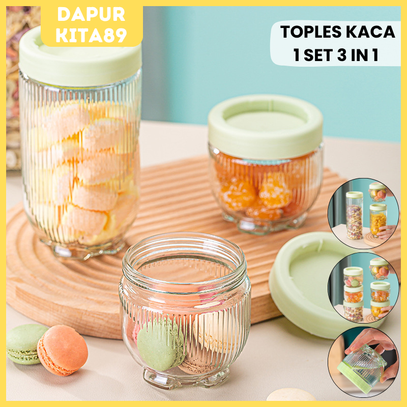 DK89 Toples Kue Lebaran Kaca 1 Set 3in1 / Toples Kaca Gladies Hazel Bening Anti Tumpah 3 pcs / Set S