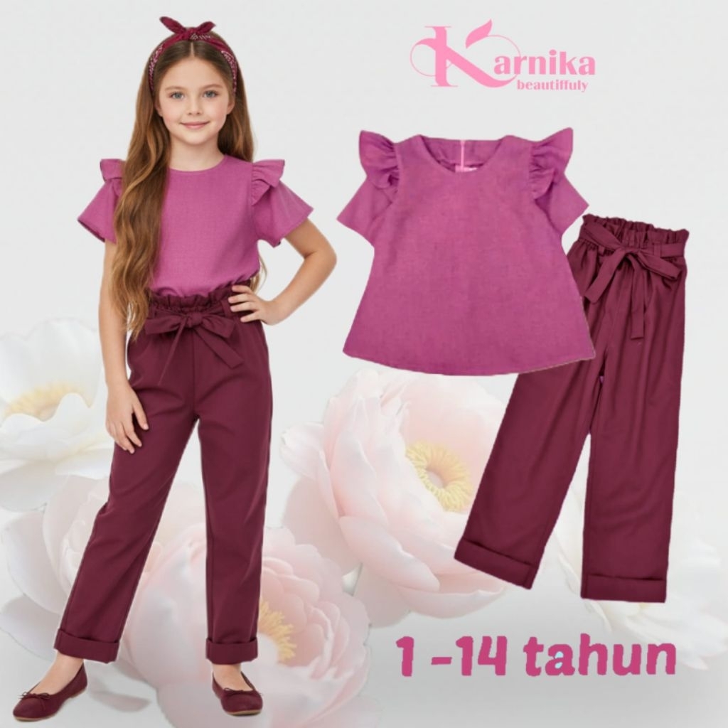 baju anak perempuan  (1-14 tahun ) stelan blous korean  tangan pendek celana panjang bahan import
