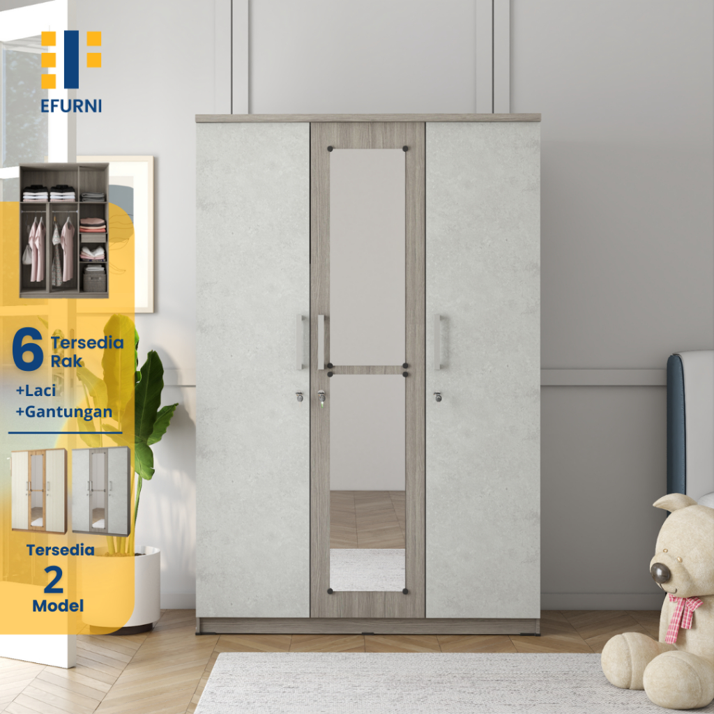 EFURNI Lemari Pakaian 3 Pintu Almari Pakaian Kayu / Almari Baju / Lemari Baju / Rak Baju Gamis / OLI