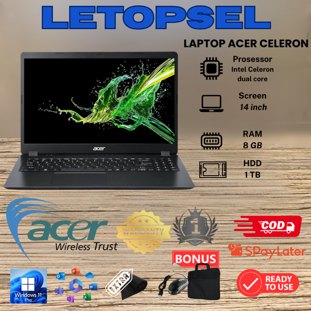 LAPTOP ACER CELERON // RAM 8GB - HDD 1TB//BONUS TAS LAPTOP DAN MOUSE