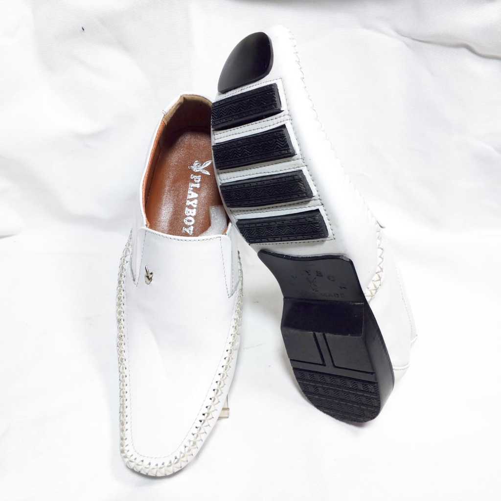 Sepatu Pantofel Putih Pria Kulit Asli | Pantopel Playboy Sol Dijahit Keliling Nyaman Kuat Anti Salip