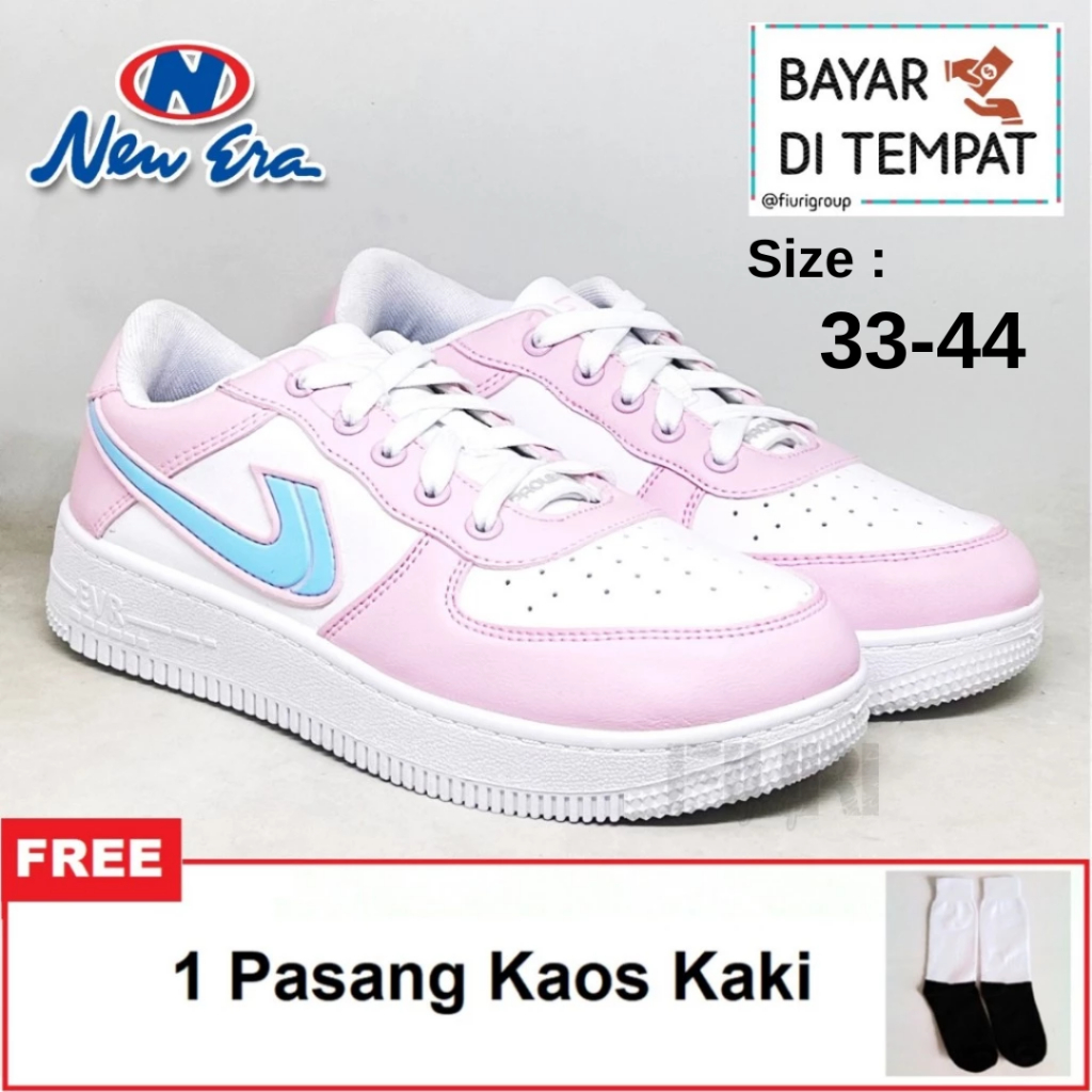 FIURI - NEW ERA ORIGINAL - FORCE ONE 33-44 PUTIH PINK BIRU - SEPATU SNEAKERS KANVAS SOL KARET LAKI-L