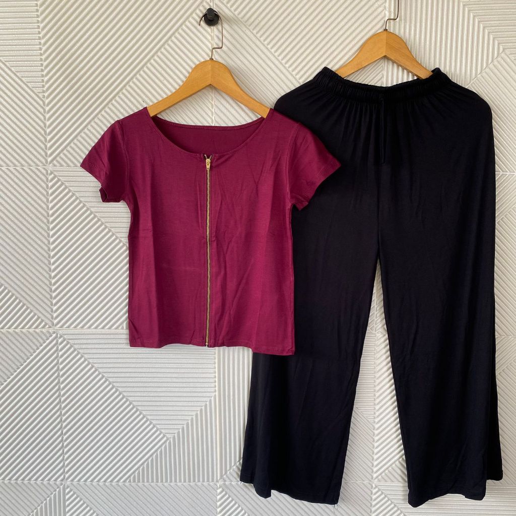Setelan Celana Panjang Wanita / Set Atasan Zipper Tangan pendek / One set Kaos Resleting Depan Crop