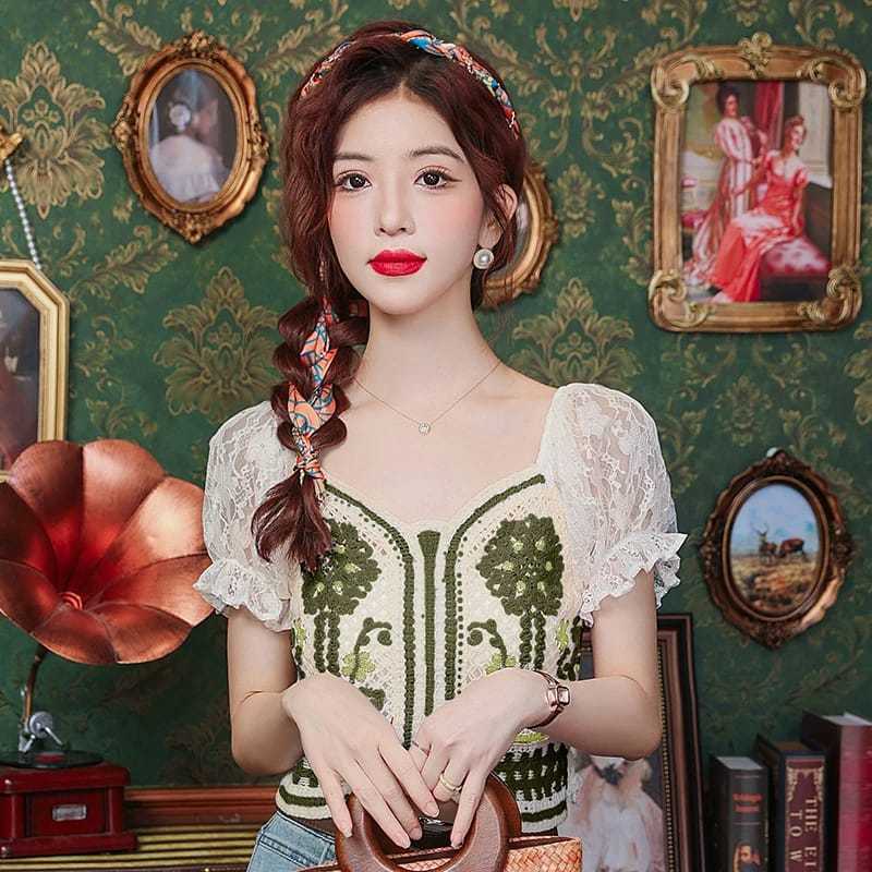 Blouse Rajut Bunga Bunga Lengan Pendek Import Premium