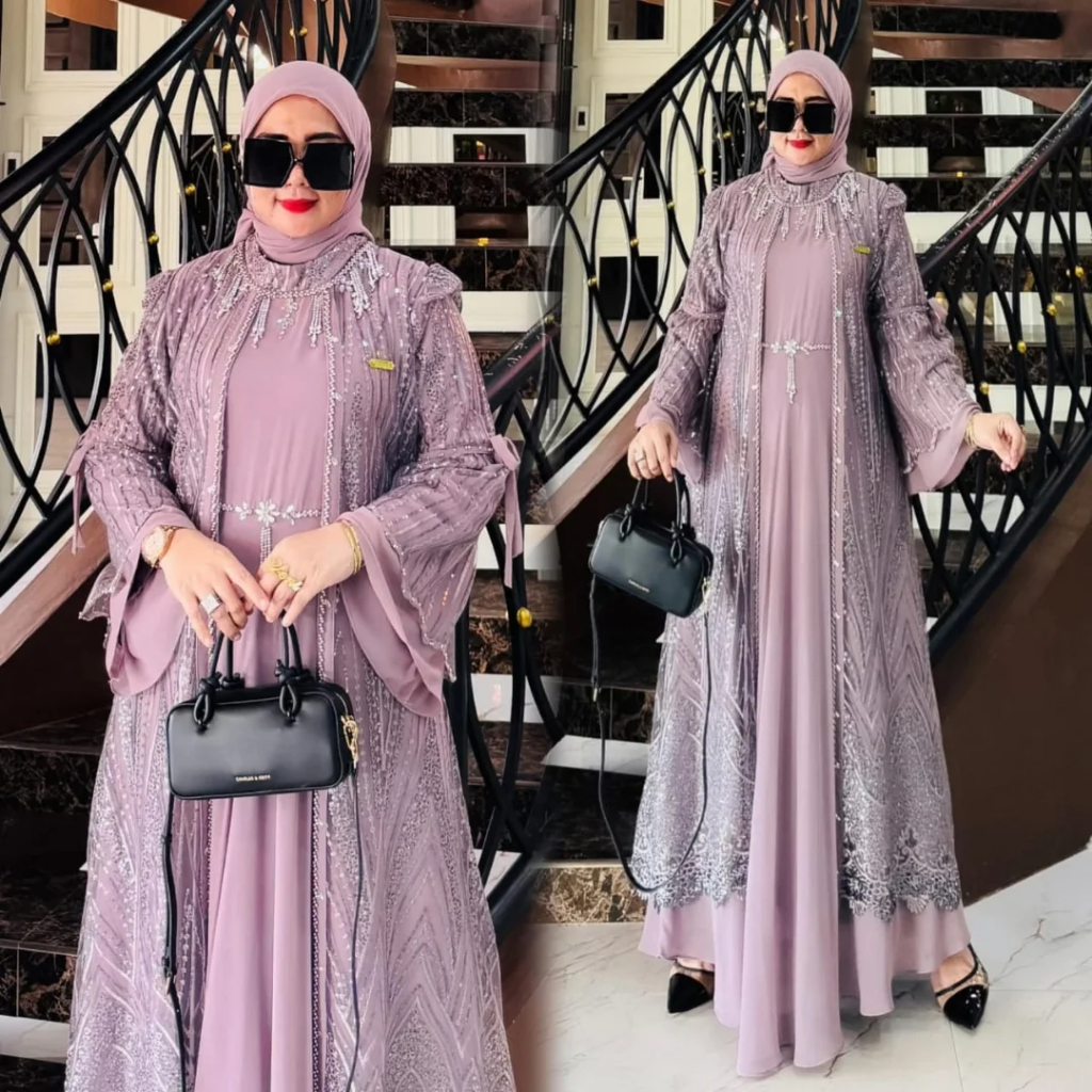 Valentina Dress Gamis Muslim Bahan Ceruty Babydal Mix Tile Spangle+Payet Dress Kondanga Kekinian SC