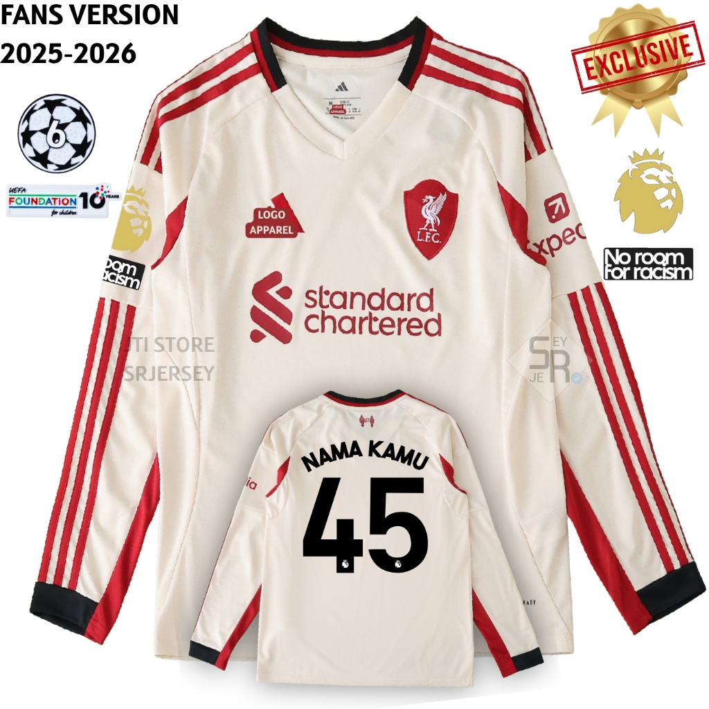 Longsleeve Lvrpl Away 2025 2026 Baju Bola LS Long Sleeve Crem 25 26 Full Patch UCL EPL Lengan Panjan