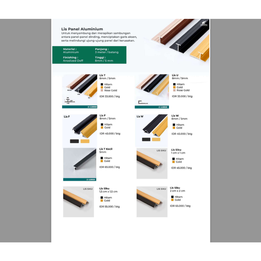 Lis Panel Aluminium Panjang 3 Meter, Lis T, Lis U, Lis F,  Lis W, Lis wallboard, lis sheetboard