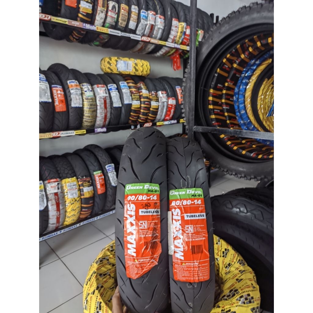 (TUBLESS) SEPASANG MAXXIS GREEN DEVIL 80/80-14 90/80-14 UNTUK BEAT VARIO MIO