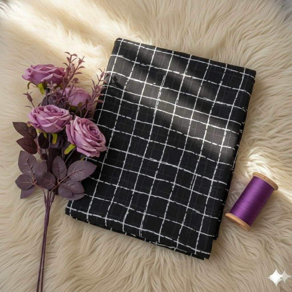 Kain Sifon Motif Kotak Abstrak Hitam Putih Bahan Jahit Dress Blouse Hijab sks