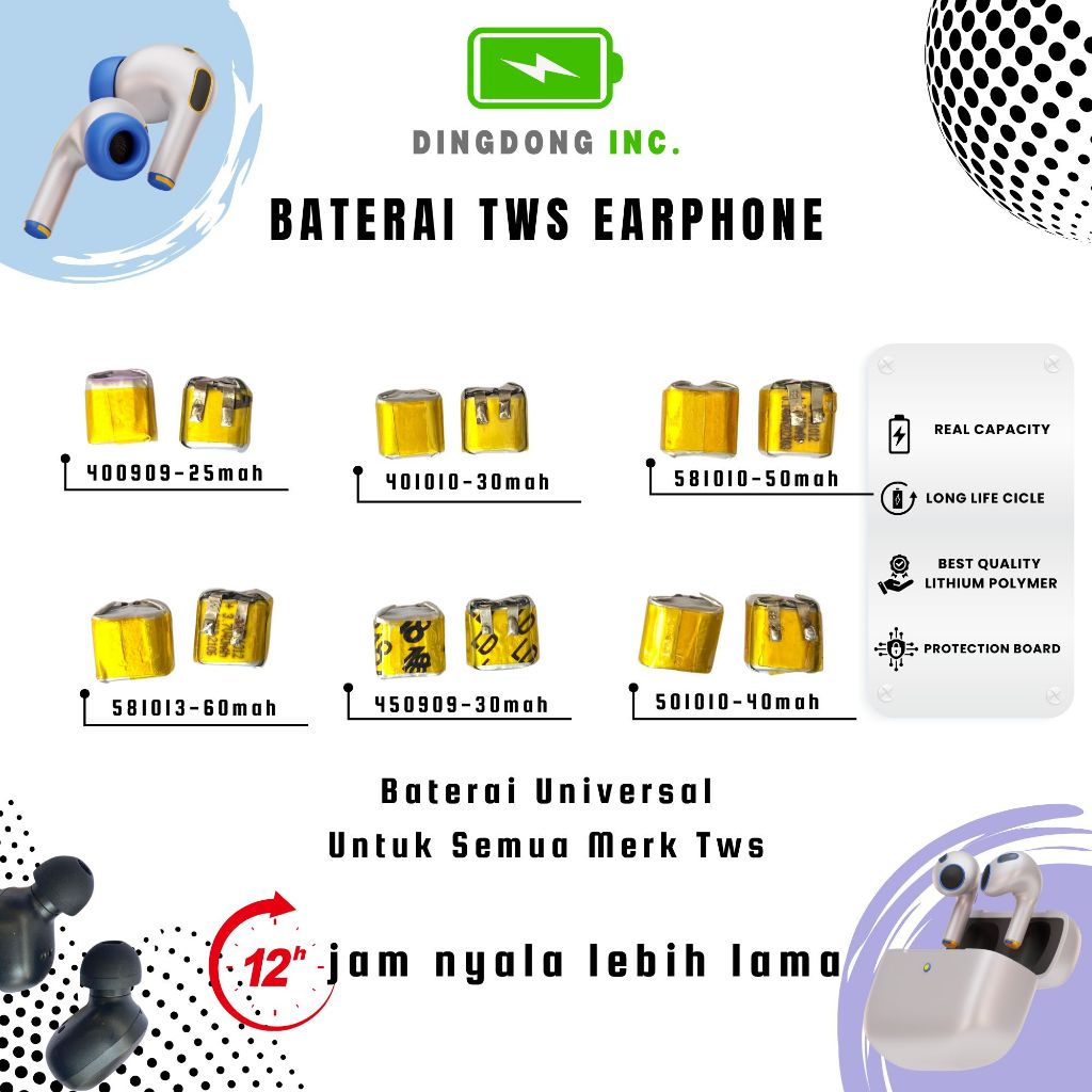 DING DONG BATERAI TWS LIPO 400909 401010 581010 581013 450909 501010 BATRE LITHIUM POLYMER 25MAH 30M