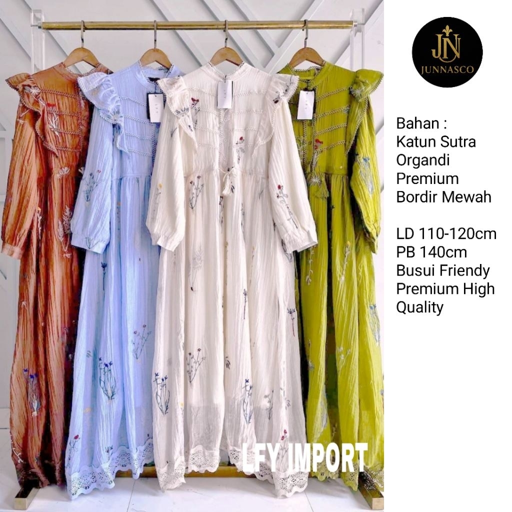 JUNNASCO Gamis Athena Embroidery FLY Dress Bordir Import Katun Sutra Organza Premium High Quality