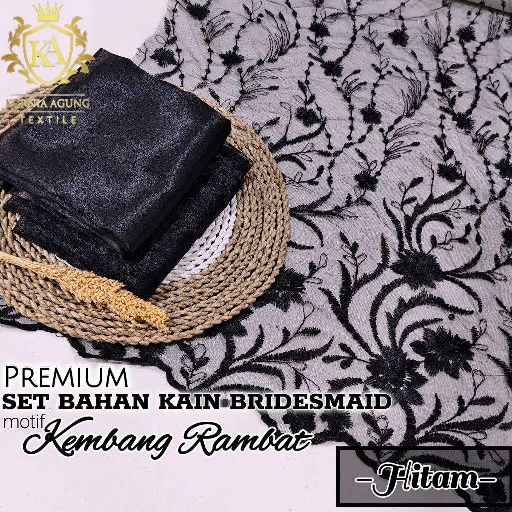 1/2 Meter Kain Brokat Bordir Warna BLACK / HITAM Motif Kembang Rambat Premium Mewah Meteran