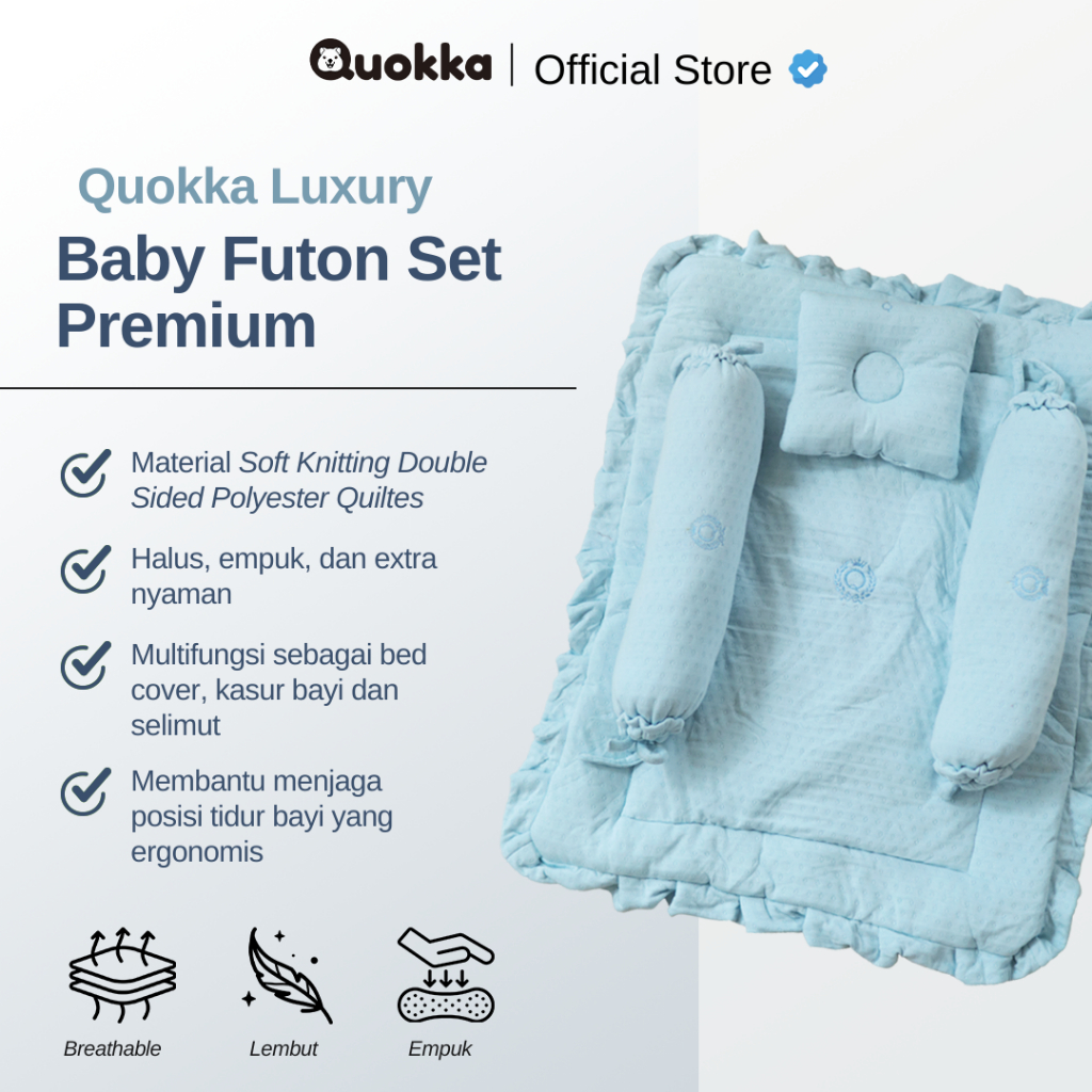 Quokka Luxury Baby Blue Futon Matras Bayi Set– Kasur Bayi Premium + Bantal Anti Peang