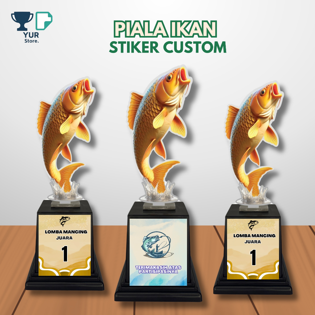 Piala Mancing Akrilik Motif Ikan Mas Sticker Custom Hadiah Lomba Mancing omba Ikan hias