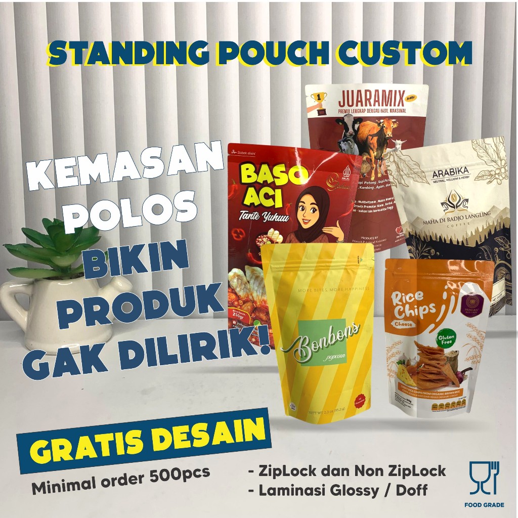 CETAK KEMASAN FLEKSIBEL STANDING POUCH PLASTIK ALUMUNIUM FOIL METALIZE CUSTOM SIZE DAN UKURAN SNACK