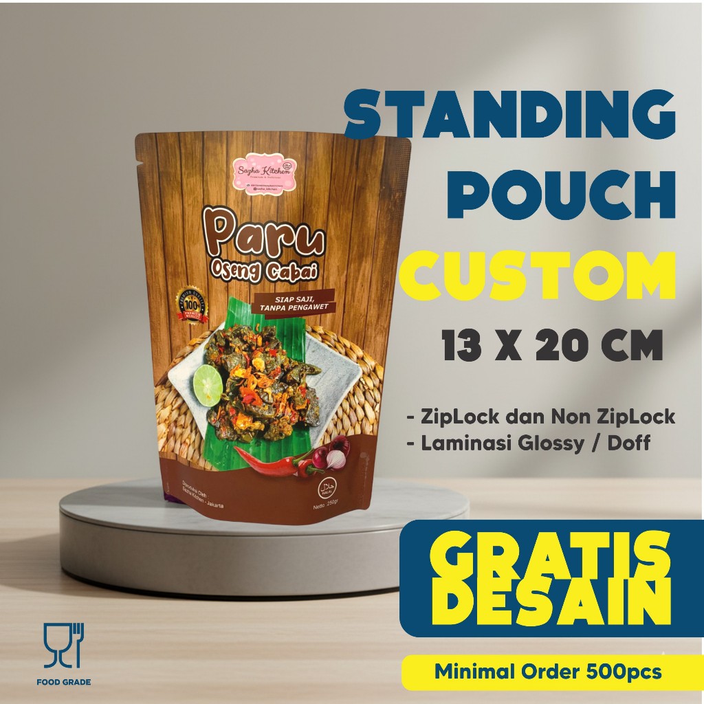KEMASAN STANDING POUCH 13x20 CM PLASTIK SACHET FLEKSIBEL CENTER SEAL GUSSET NON ZIPPER CUSTOM MURAH 