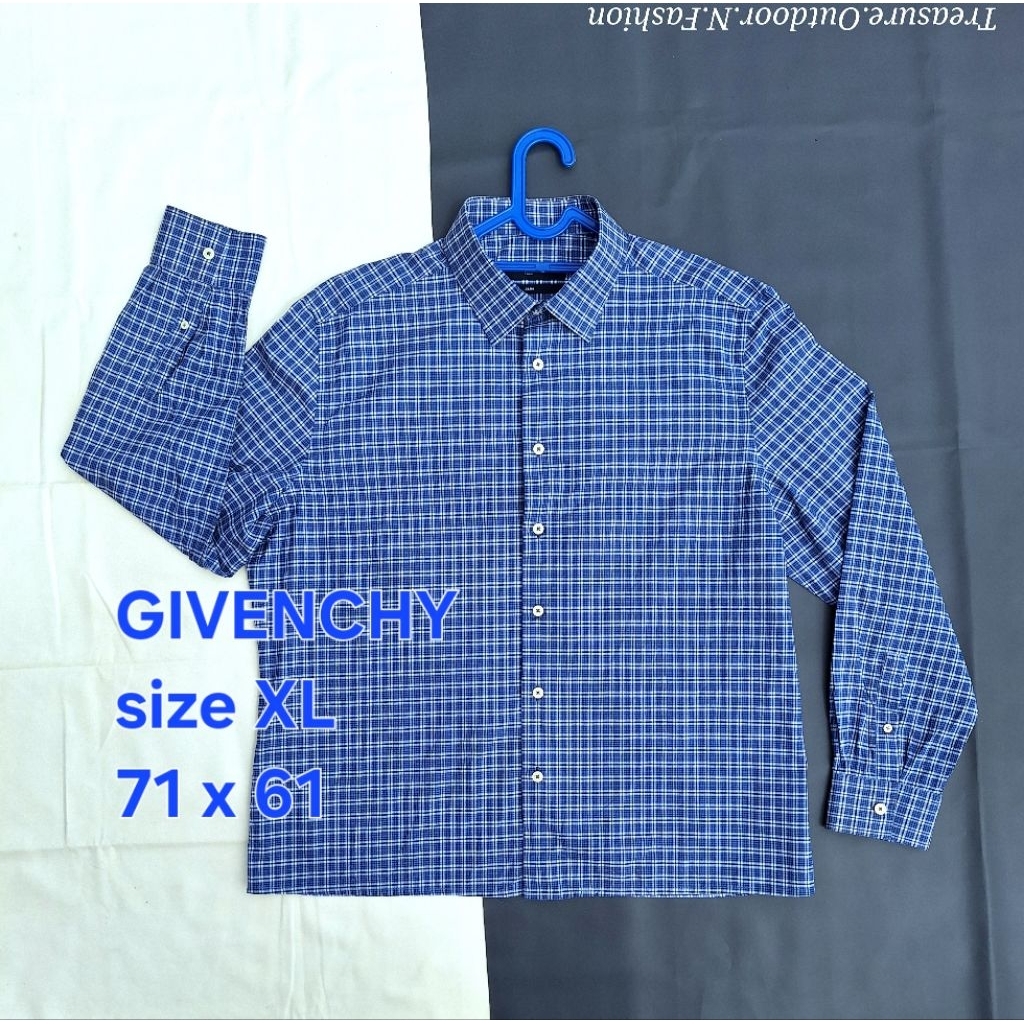 Baju Kemeja GIVENCHY Katun Kotak Biru Lengan Panjang Pria Formal Casual