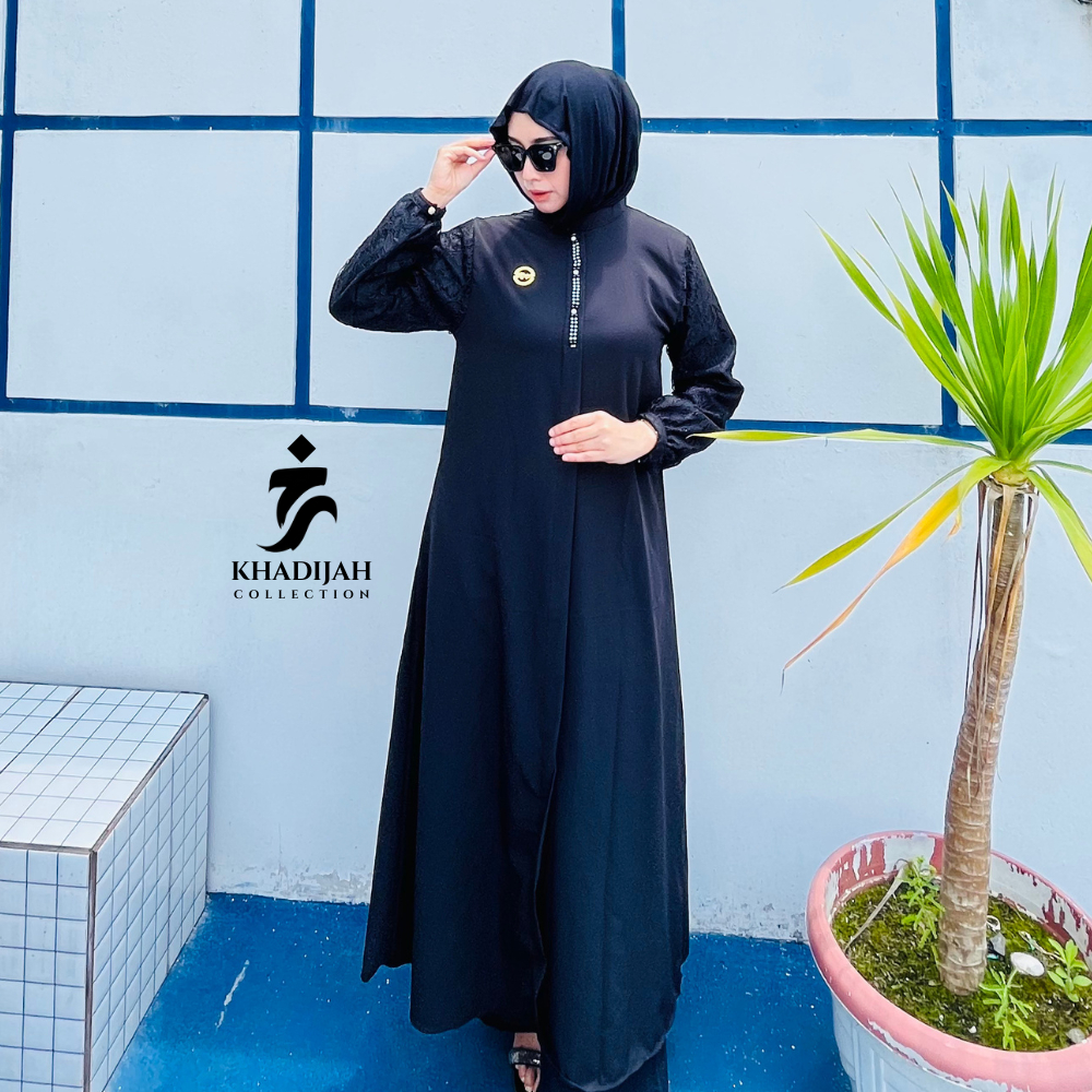 Abaya Dress Wanita Muslimah Hitam Jumbo LD 108 Brokat Busui Friendly Premium | Gamis Pesta Elegan