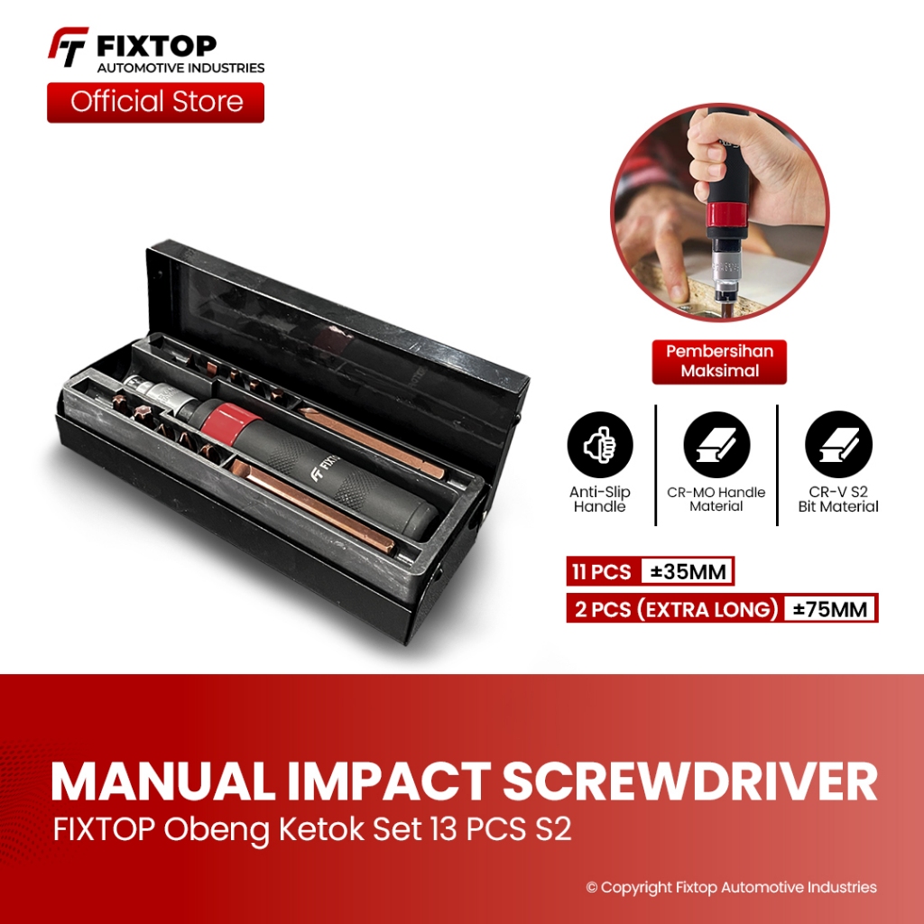FIXTOP Obeng Ketok Set 13 Pcs S2 Impact Driver Obeng Getok Gedor Box Besi untuk Bengkel Motor Mobil