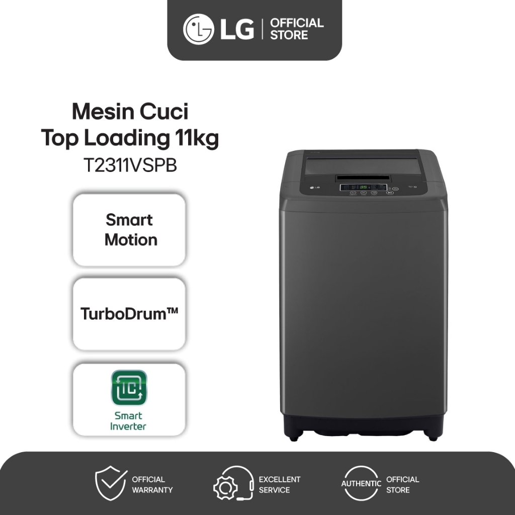LG Mesin Cuci 1 Tabung Top Load 11KG  Smart Inverter - Tabung Stainless - Turbo Drum  - T2311VSPB