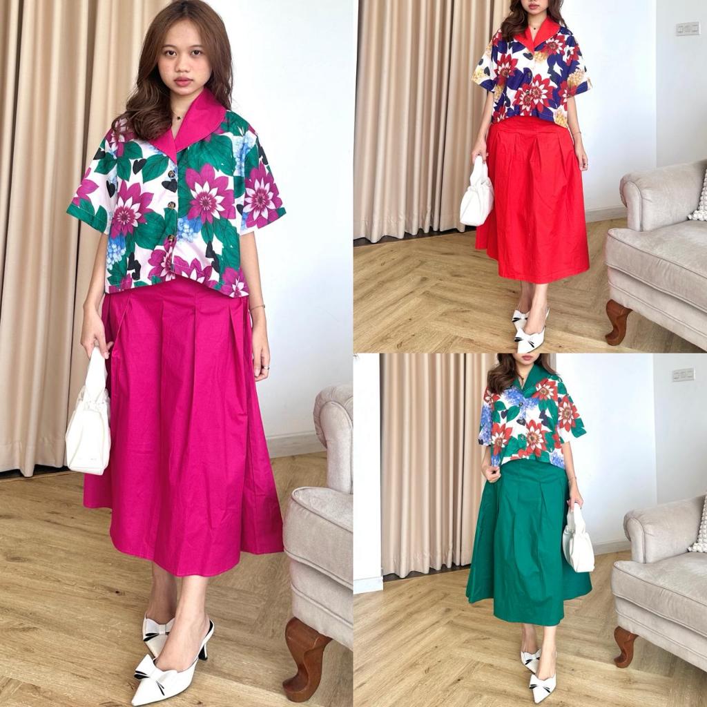 MBO SET WANITA KEMEJA ROK KATUN JEPANG MOTIF BUNGA IMPORT LENGAN PENDEK ROK MIDI