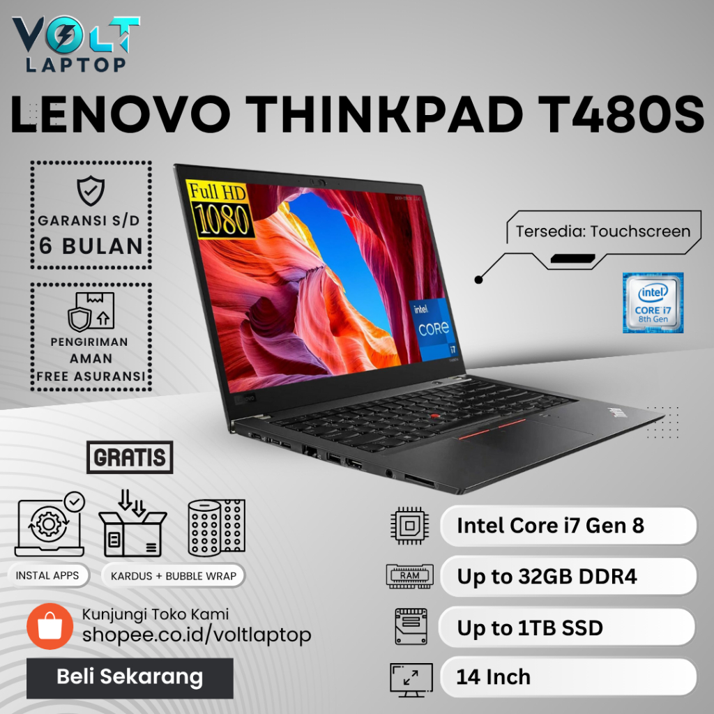 Laptop 14" Lenovo Thinkpad T480s T480 Core i7 Ram 32GB SSD 1TB Touchscreen Second Bergaransi SLIM