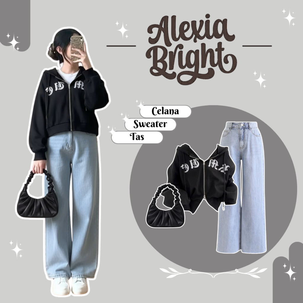 One Set Wanita Korean Style Kekinian | Hoodie Crop + Celana Denim + Tas Centik | Outfit Skena Kalcer