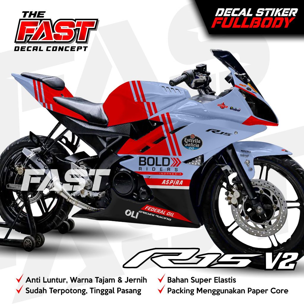 Decal R15 V2 Full Body Motif Terbaru Bold Racing Stiping Sticker Variasi Yamaha R15 V2 Bold Fullbody