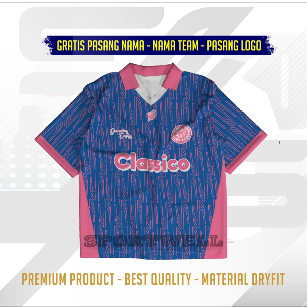 JERSEY RETRO CLASSICO BLUE PINK FULL PRINTING PREMIUM GRATIS PASANG NAMA JERSEY CUSTOM